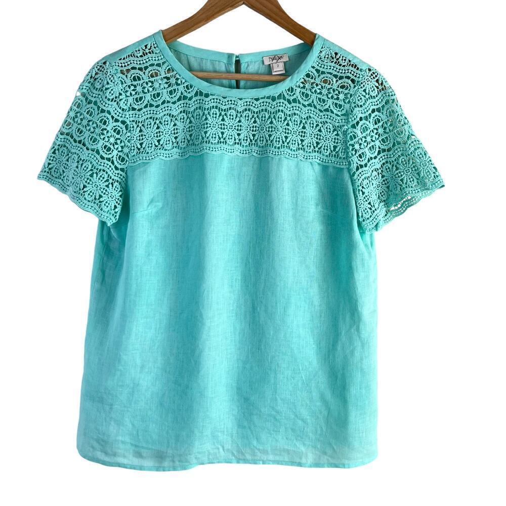 J.Crew Linen Lace Short Sleeve Tee Top in Mint Green, Size 2